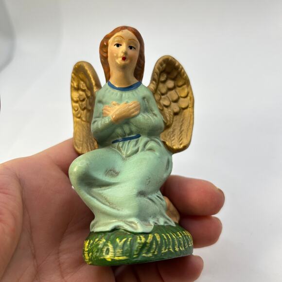 Vintage Nativity Angel Gold Wings Crossed Hands 3 3/4" Made in Japan Green - Picture 3 of 9